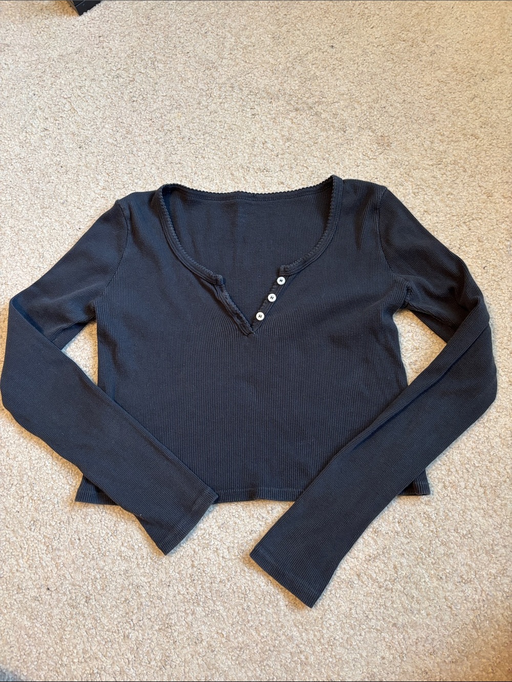 Brandy Melville / John Galt Black Long-Sleeve Henley Ribbed Crop Top